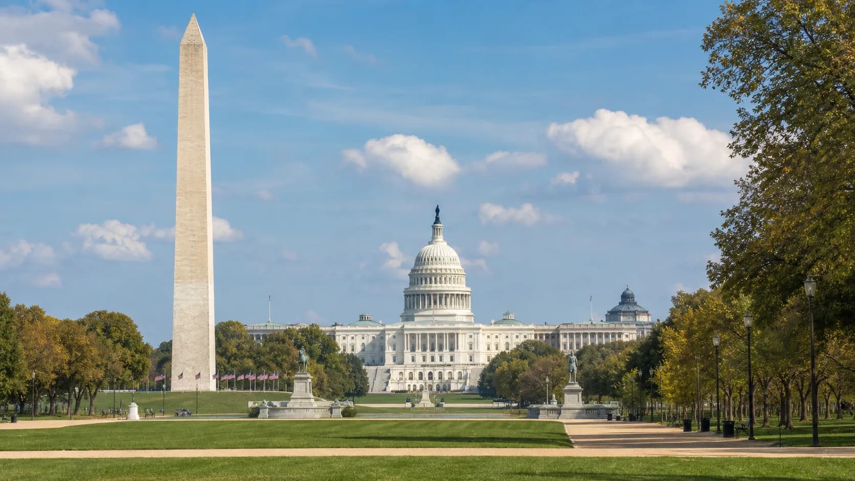 The National Mall with the Washington Monument in the foreground and the Capitol beyond.